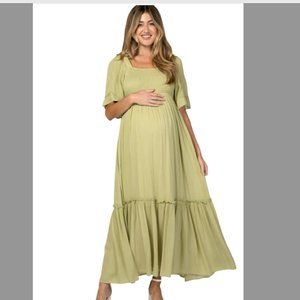 PINKBLUSH Green Smocked Square Neck Ruffle Hem Maternity Maxi Dress
